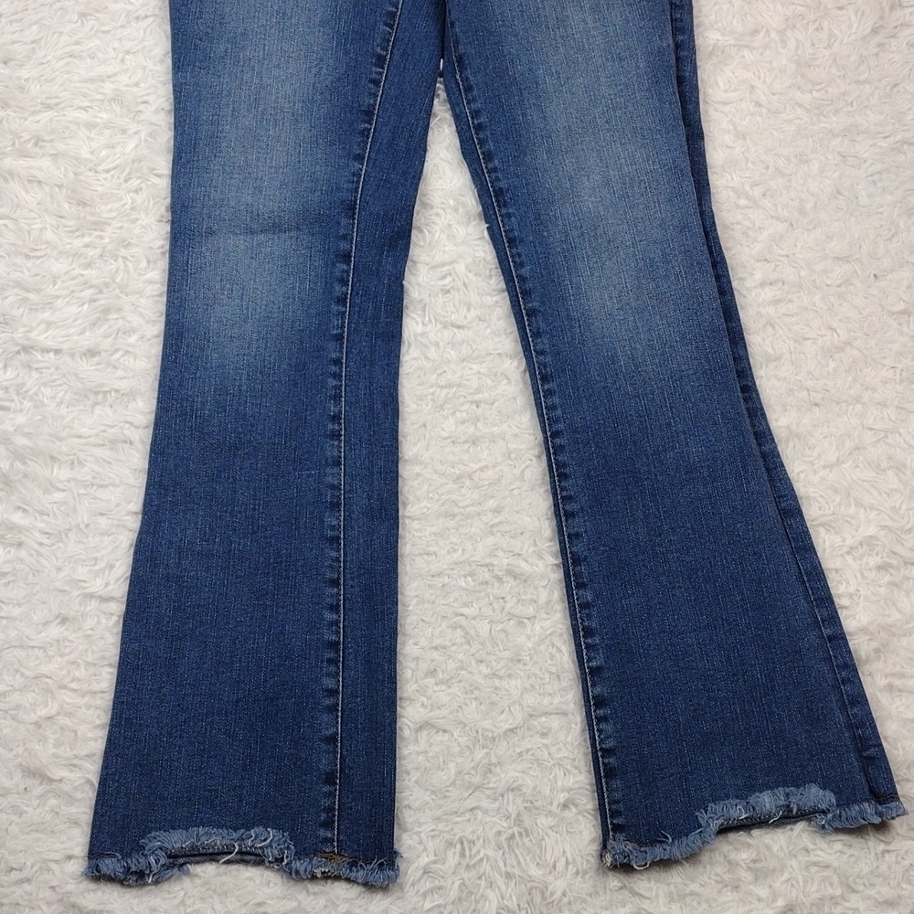 Free People Blue Medium Wash Five Pocket Mid Rise Raw Hem Cropped Boot Cut Jean - Picture 4 of 12